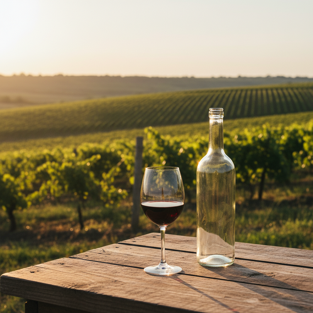 Taça de vinho tinto e garrafa sem rótulo em mesa rústica, com vinhedo da Moldávia ao fundo.