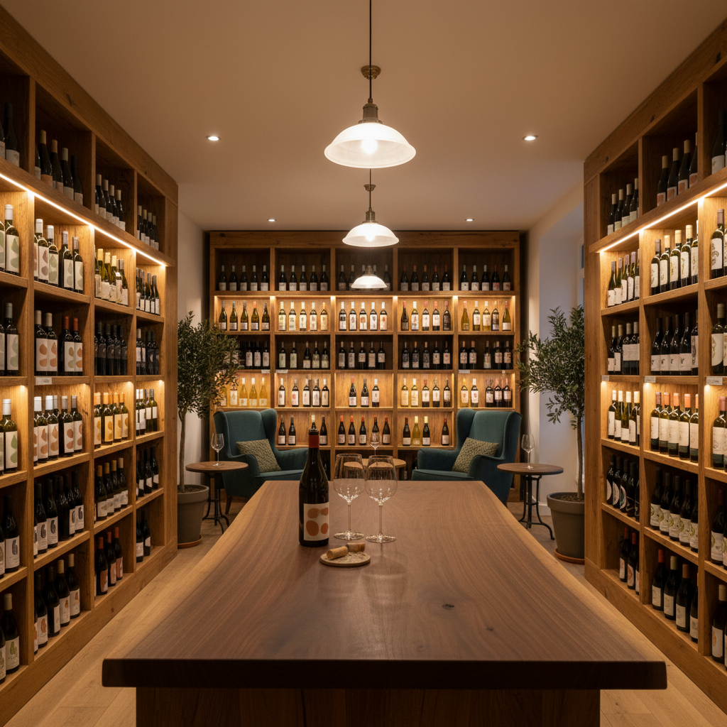 Interior de uma loja de vinhos aconchegante com garrafas de vinhos naturais em prateleiras de madeira e um balcão com vinho e taças.