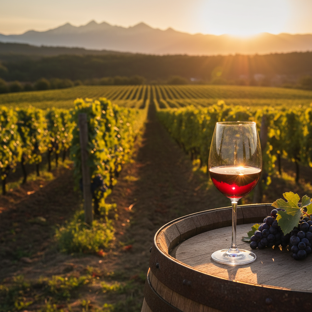 Taça de vinho tinto sobre barril de madeira em um vinhedo romeno ao pôr do sol, com uvas e parreiras ao fundo.