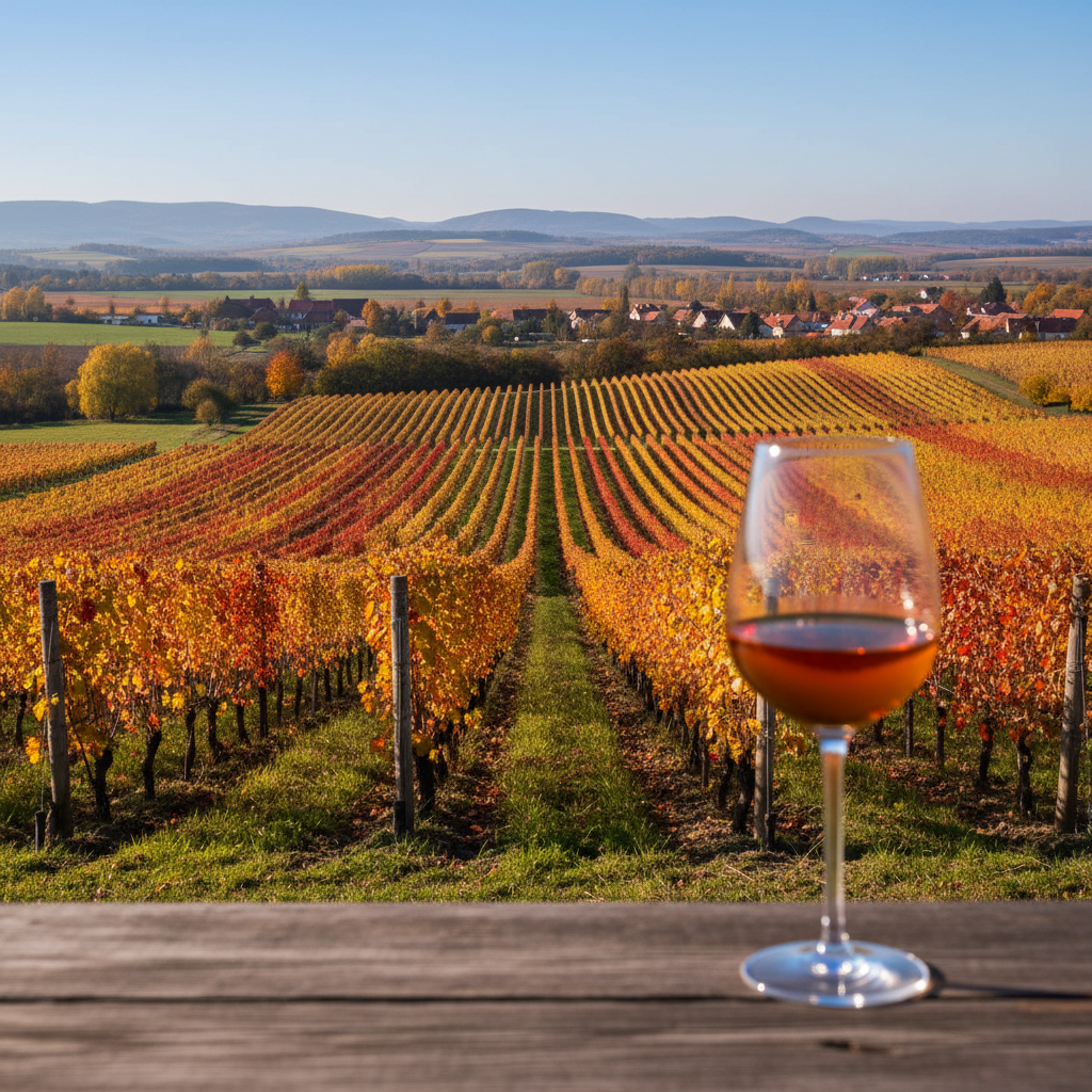 Vinhedo pitoresco na Morávia, República Tcheca, durante o outono, com uma taça de vinho em primeiro plano.