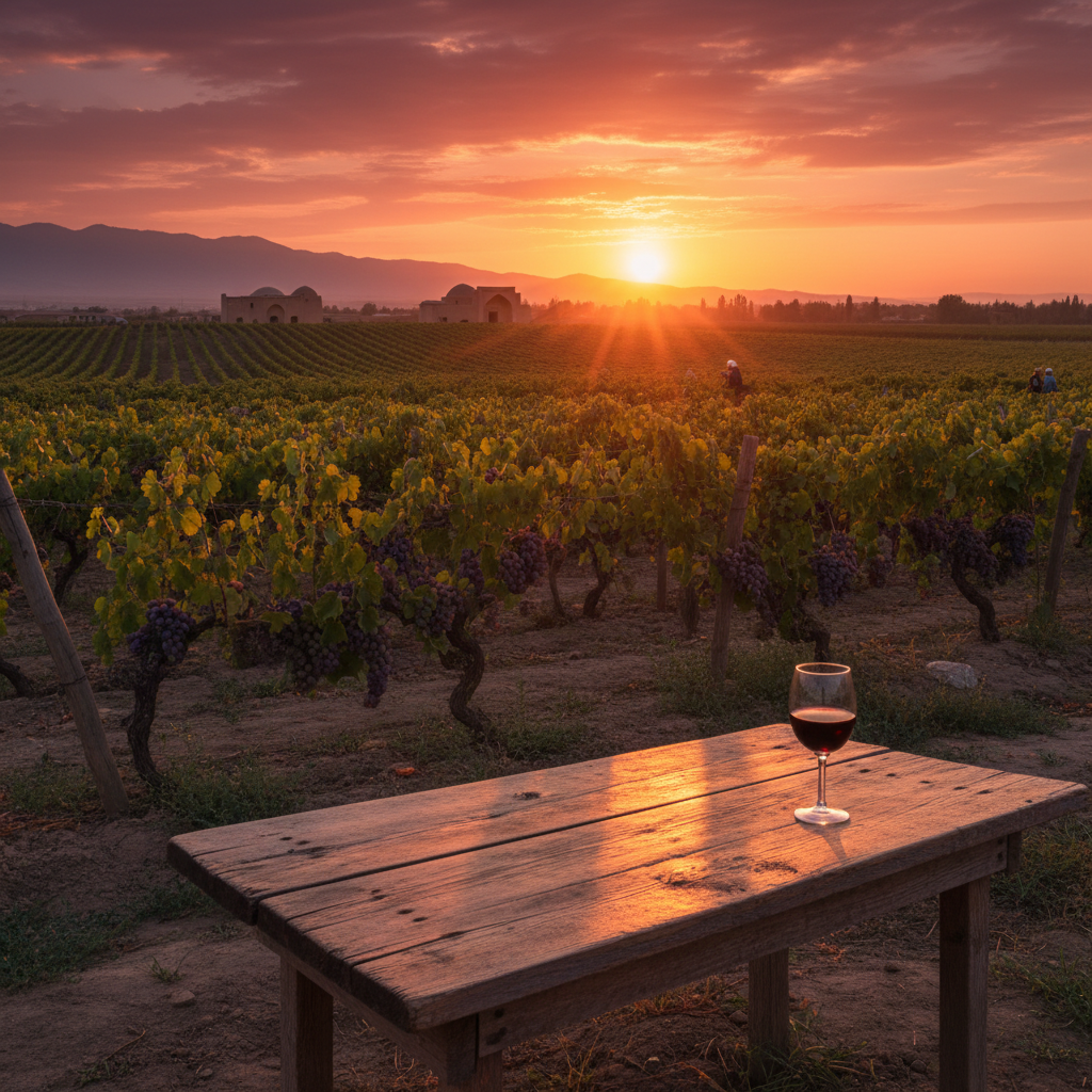 Vinhedo uzbeque ao pôr do sol com taça de vinho tinto em mesa rústica, simbolizando a compra de vinhos do Uzbequistão.