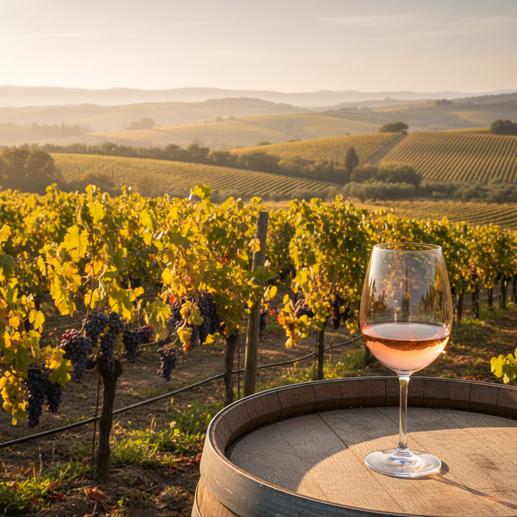 Paisagem de vinhedo exuberante ao pôr do sol, com fileiras de videiras, uma taça de vinho e um barril de carvalho, representando a beleza das regiões produtoras de uva.