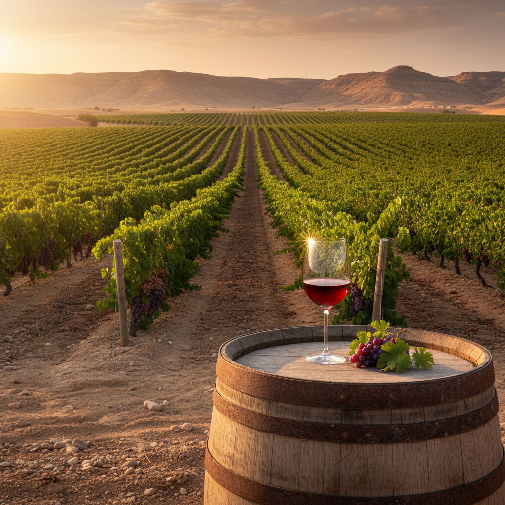 Vinhedo pitoresco na Jordânia com taça de vinho e barril de madeira, refletindo o sol da tarde.