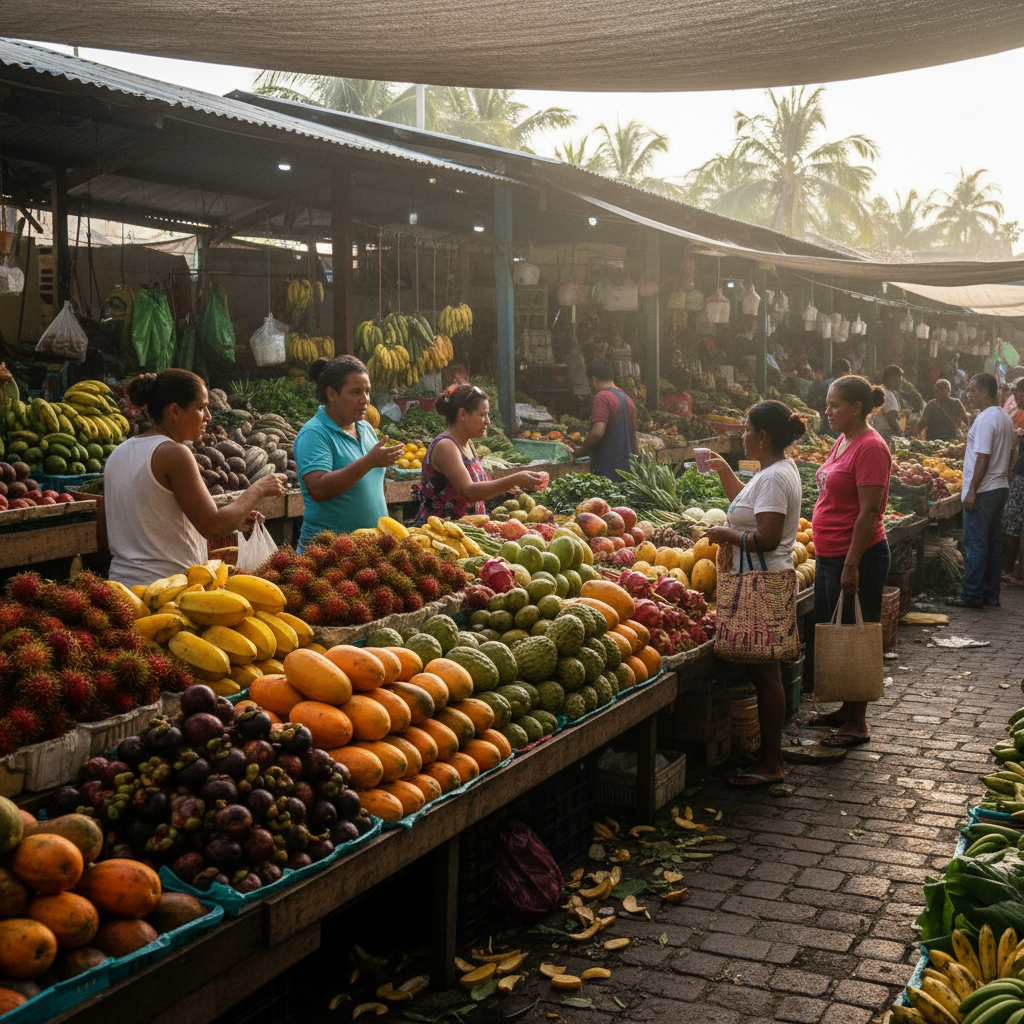 Cena vibrante de mercado panamenho com frutas tropicais frescas para bebidas locais.