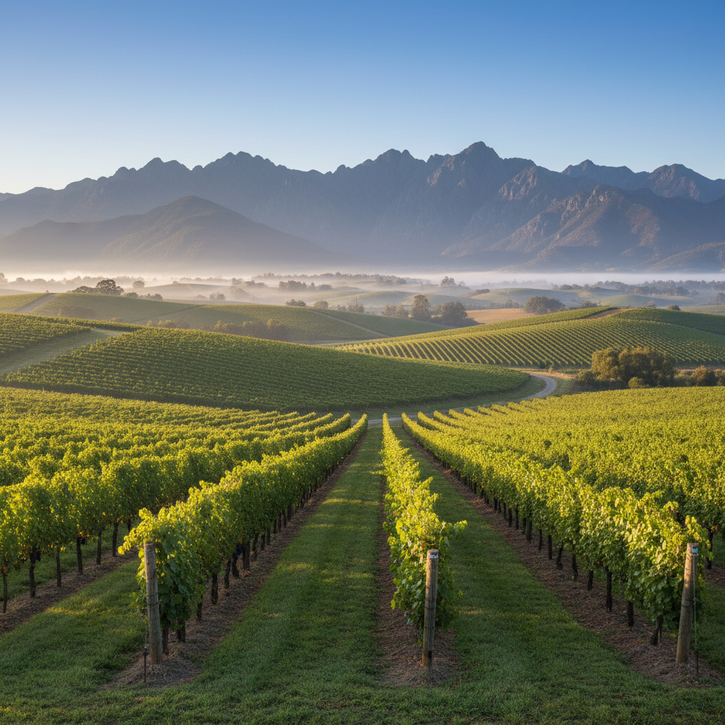 Paisagem deslumbrante de um vinhedo fértil no Vale Central do Chile, com fileiras de parreiras verdes, montanhas andinas ao fundo e um céu azul límpido, representando o terroir ideal para a produção de vinho.