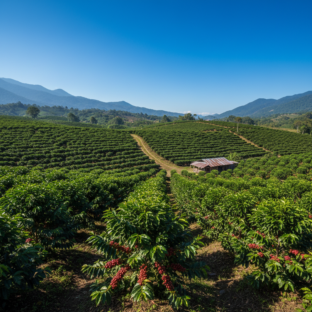Plantação de café vibrante nas terras altas do Panamá, com plantas verdes e cerejas vermelhas sob um céu tropical.