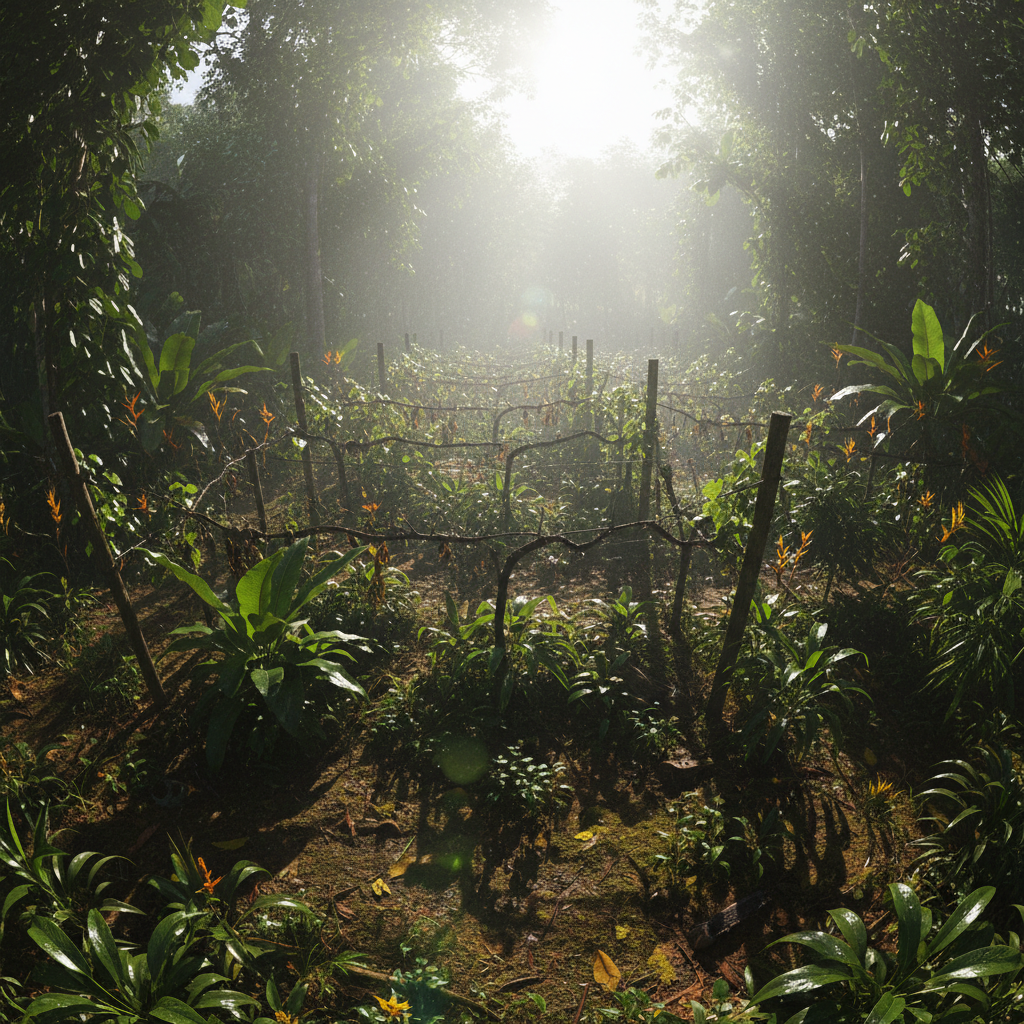 Vinhedo tropical no Panamá, com videiras desafiadas pelo clima úmido e quente, sob um sol forte, em meio a uma paisagem de vegetação densa.