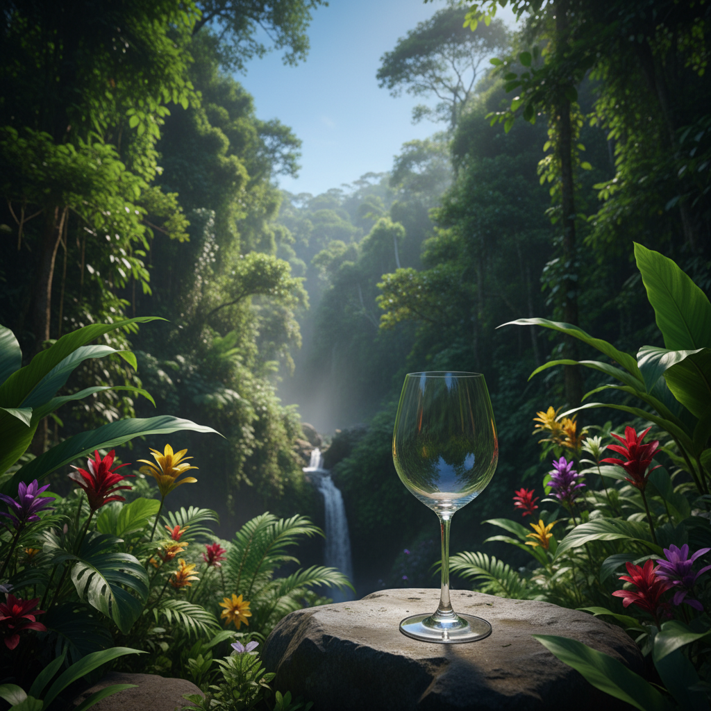 Taça de vinho elegante em contraste com a exuberante floresta tropical do Panamá, simbolizando a ausência de vinhedos na região.