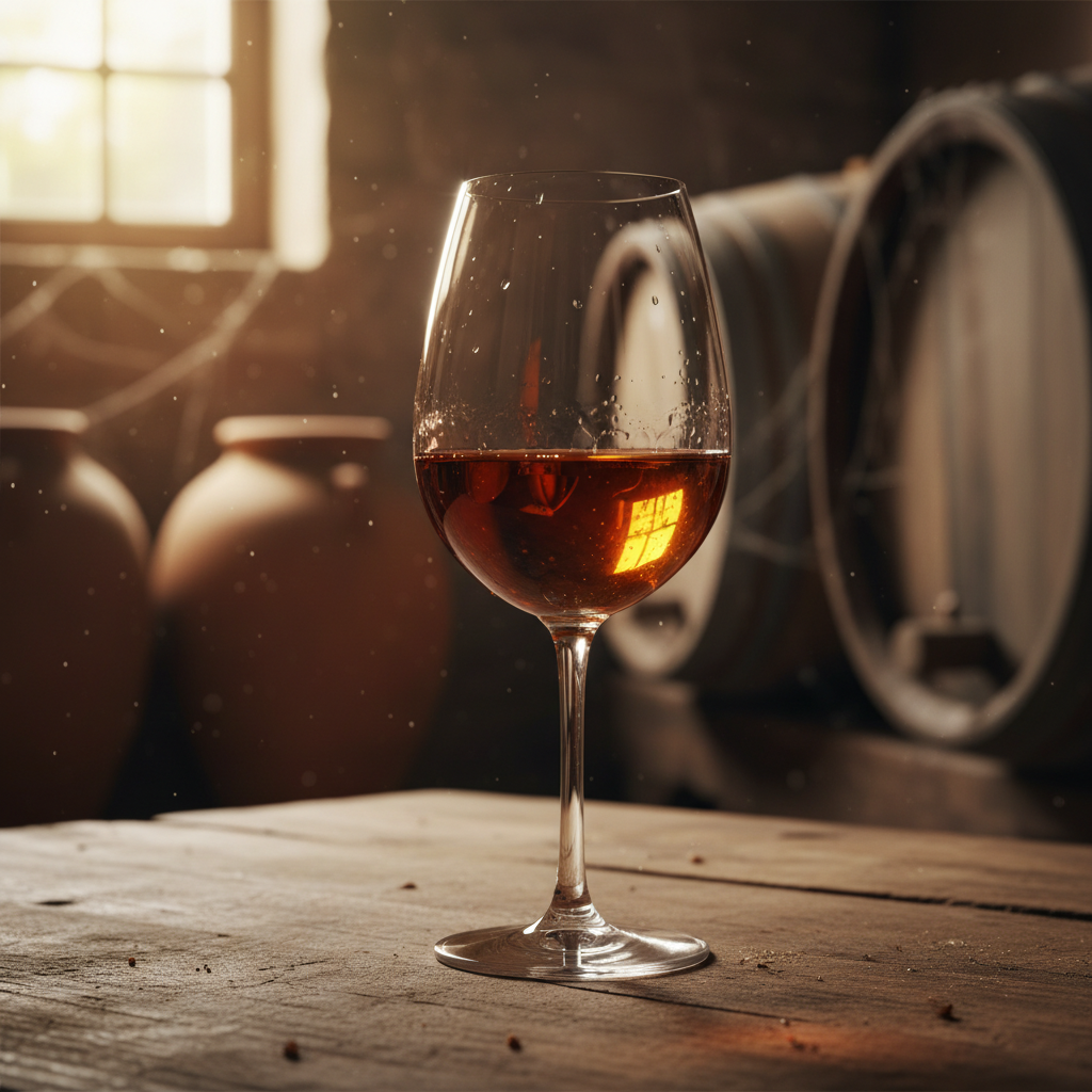 Taça de vinho laranja com reflexos dourados sobre mesa de madeira rústica, com ânforas e barris de carvalho desfocados ao fundo.