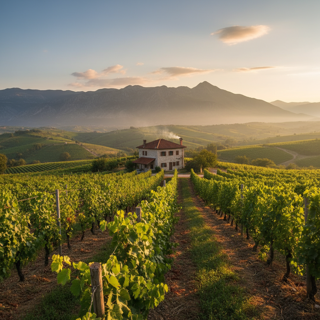 Vinhedo exuberante na região da Herzegovina, Bósnia e Herzegovina, com colinas, parreiras verdes e uma vinícola de pedra ao fundo, sob luz dourada.