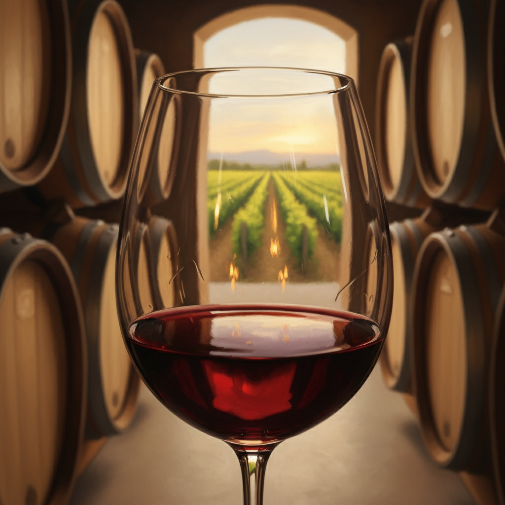 Taça de vinho tinto em adega rústica com barris de carvalho e vinhedo ao fundo, simbolizando a riqueza dos perfis aromáticos das uvas.