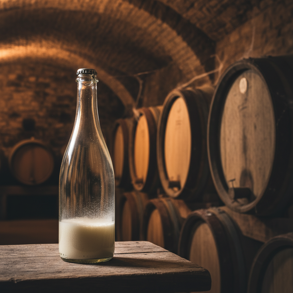 Garrafa de Pet Nat com tampa coroa e sedimento natural em adega rústica com barris de carvalho.