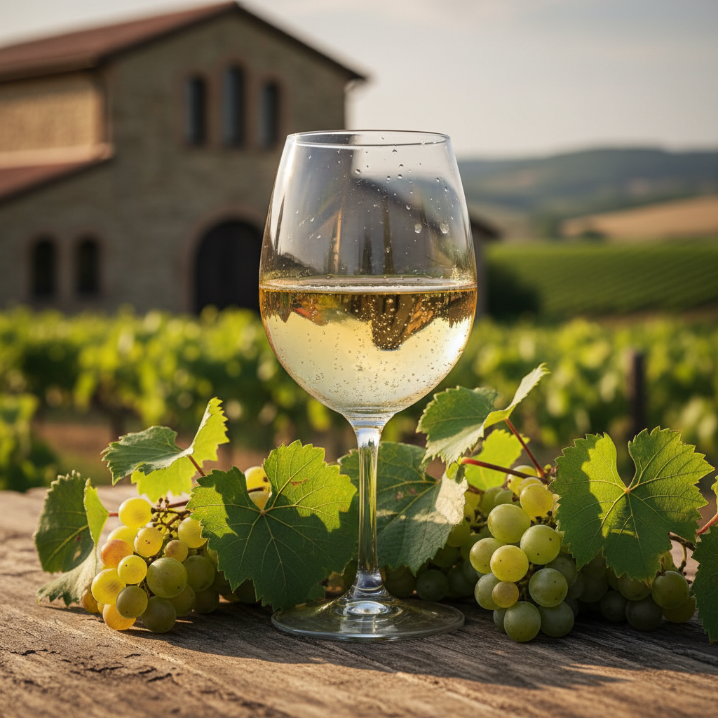 Taça de Pet Nat em uma mesa de madeira rústica, com vinhedos verdes e ensolarados ao fundo, evocando a produção natural e artesanal.