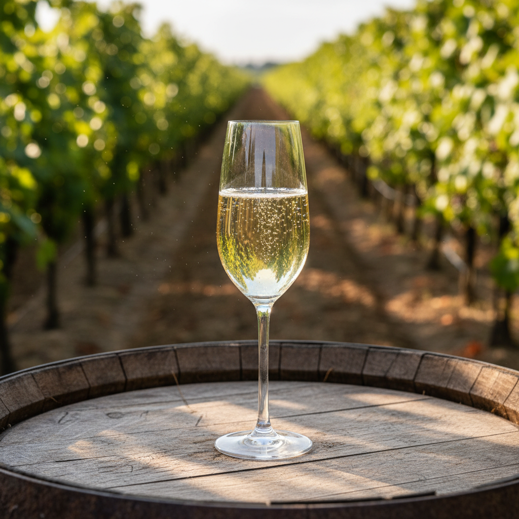 Taça de Pet Nat espumante e ligeiramente turvo sobre um barril de madeira rústico, com um vinhedo iluminado pelo sol ao fundo.