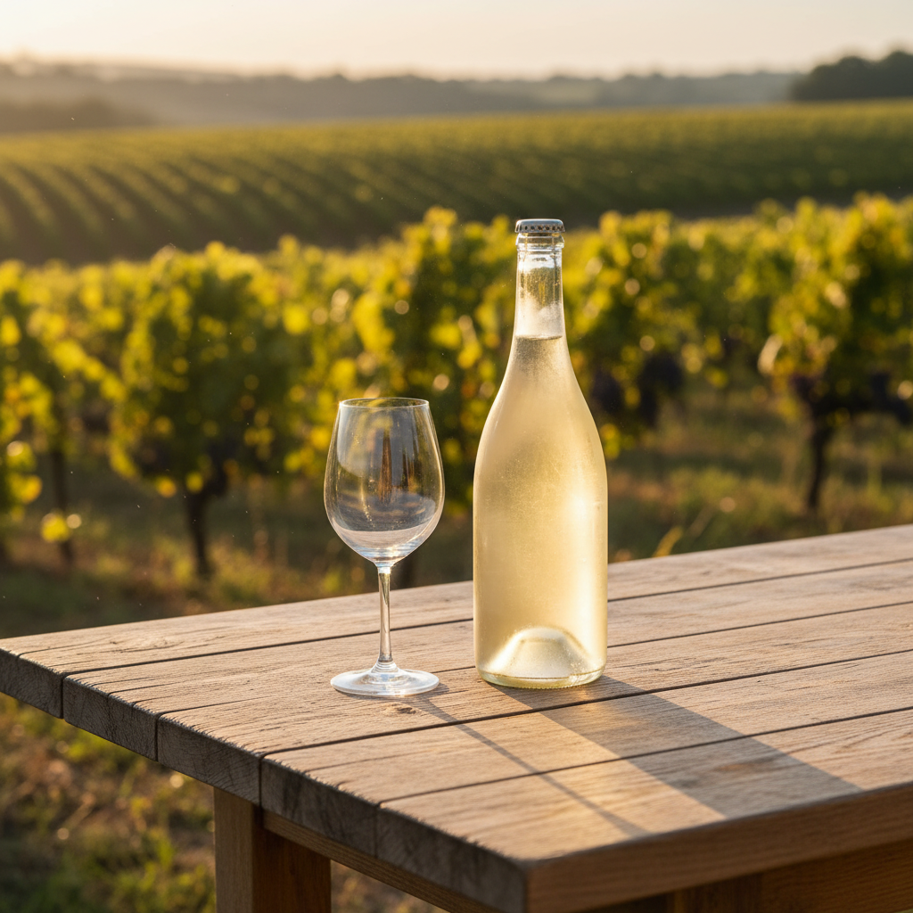 Garrafa de Pet Nat rústica com sedimentos em mesa de madeira em vinhedo ao pôr do sol.