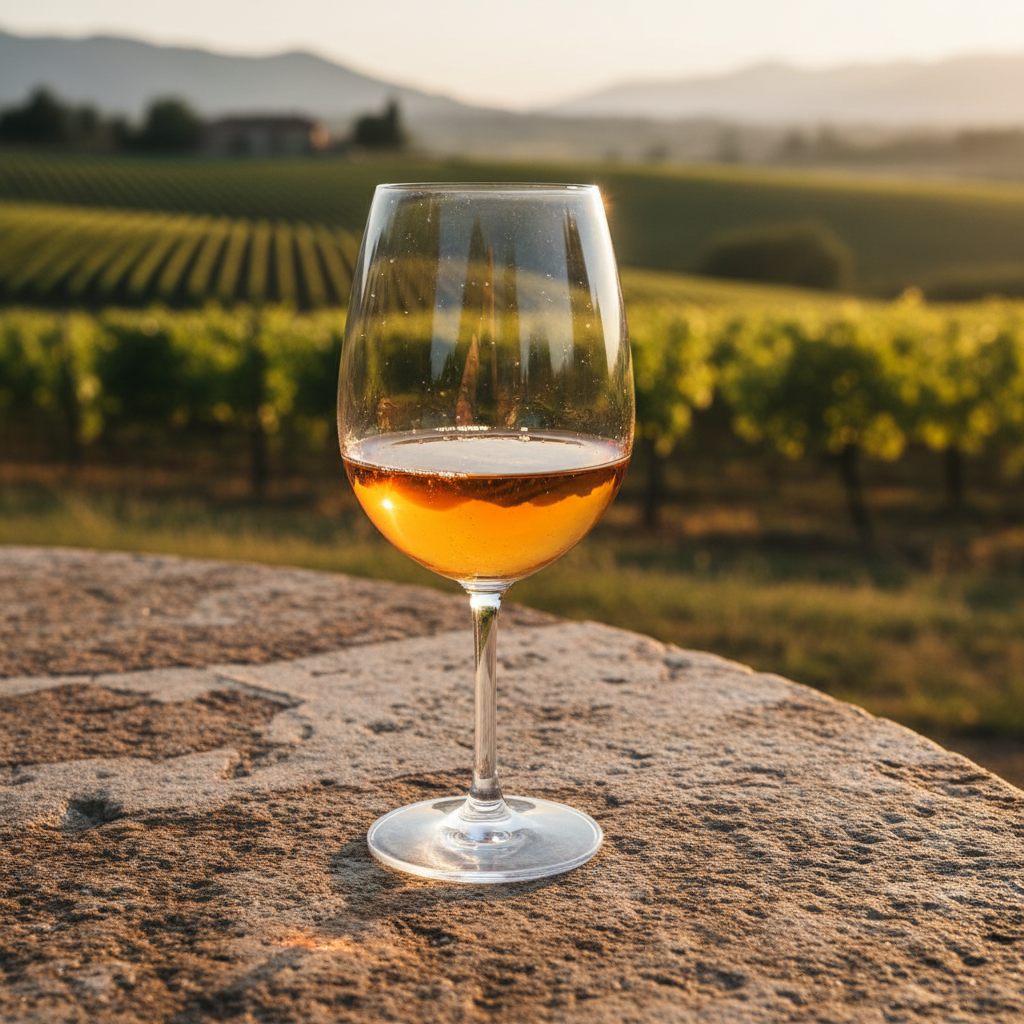 Taça de vinho natural (Pet Nat) em mesa rústica com vinhedo exuberante ao fundo, transmitindo naturalidade e bem-estar.