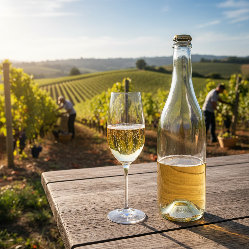 Garrafa de vinho Pet Nat e taça com espumante em uma mesa rústica ao ar livre, com um vinhedo ensolarado ao fundo.