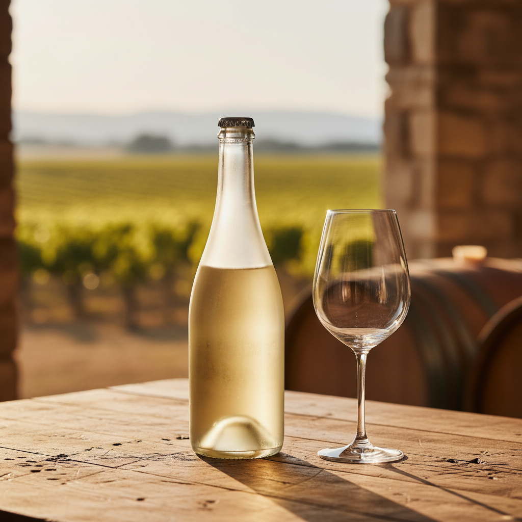 Garrafa de vinho Pet Nat turvo com tampa de coroa sobre mesa de madeira rústica, com taça vazia e vinhedo ao fundo desfocado.