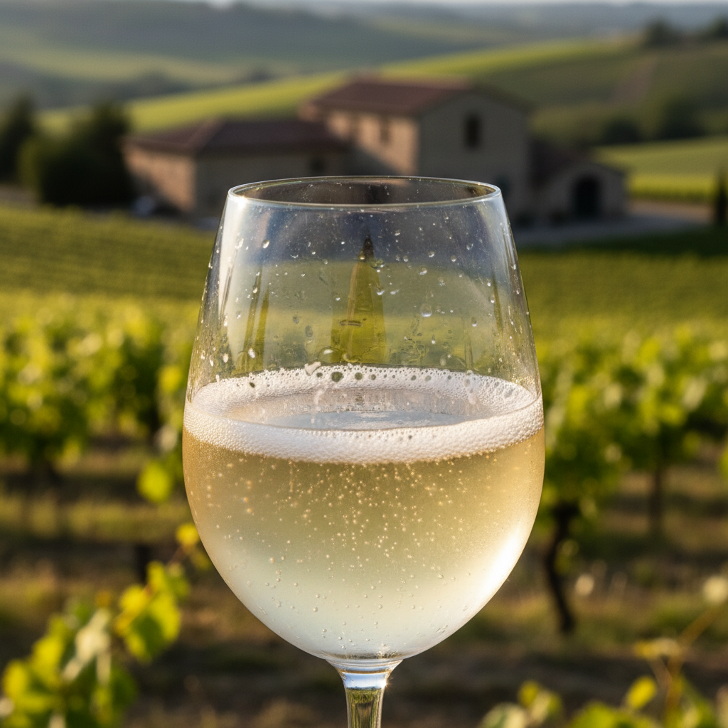 Taça de Pet Nat ligeiramente turvo com bolhas delicadas em primeiro plano, com um vinhedo ensolarado desfocado ao fundo.