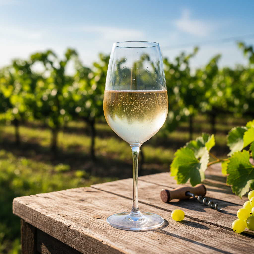 Taça de vinho espumante Pét-Nat em uma mesa rústica em um vinhedo ensolarado, simbolizando a produção natural e o respeito pela tradição.