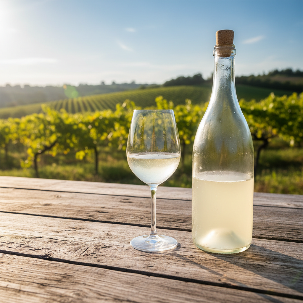 Garrafa de Pet Nat e taça de vinho em mesa de madeira rústica, com vinhedo ensolarado ao fundo.