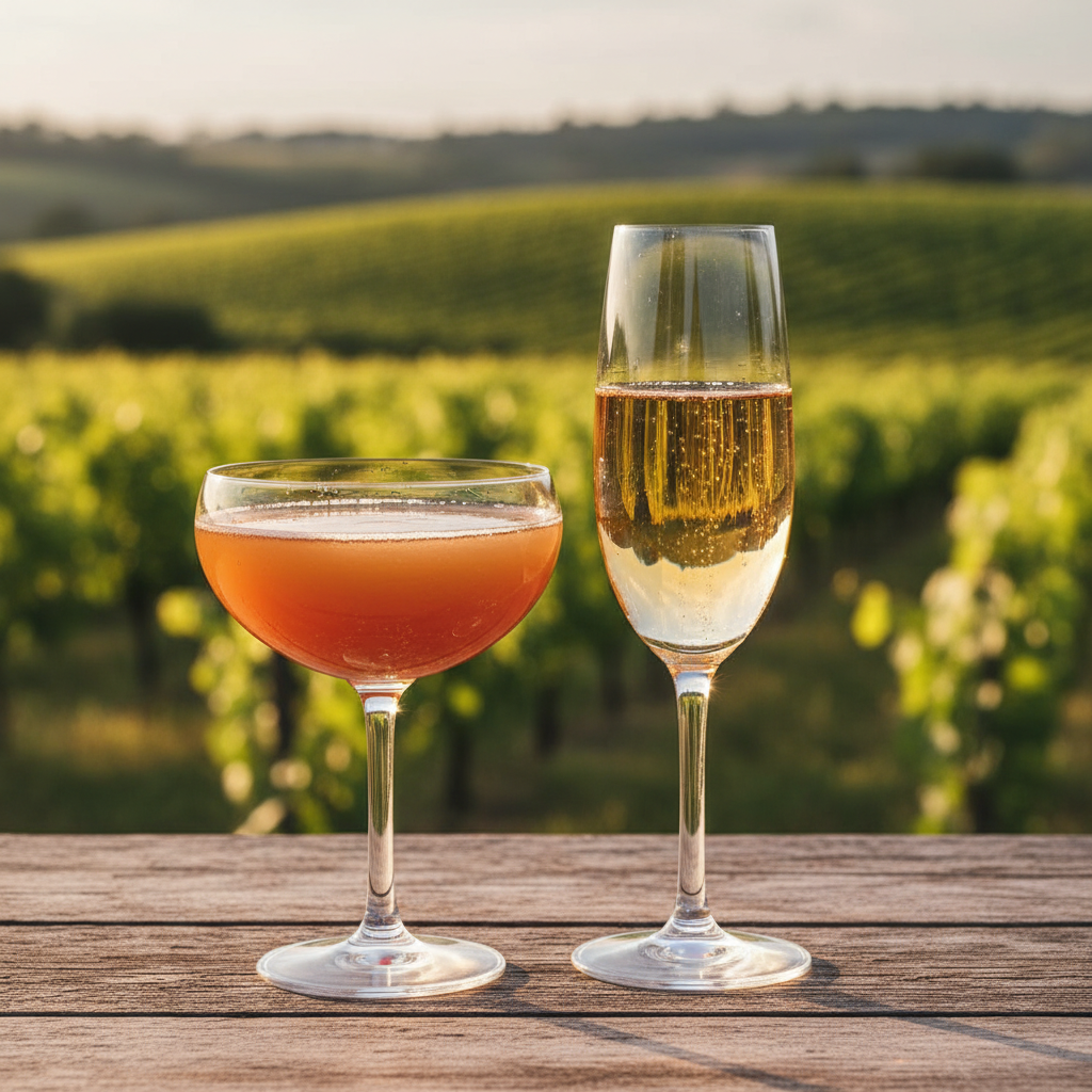 Duas taças de vinho espumante, uma com tonalidade mais rústica e turva e outra límpida e dourada, dispostas em uma mesa de madeira em um vinhedo sob a luz do sol, simbolizando a comparação entre Pet Nat e Champagne.
