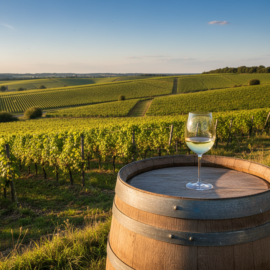 Vinhedos ensolarados da região de Pfalz na Alemanha, com um copo de vinho branco sobre um barril de carvalho, simbolizando a riqueza dos vinhos secos da região.