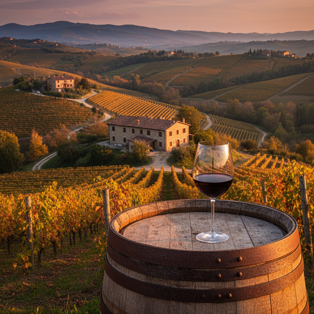 Taça de vinho tinto sobre barril de carvalho em vinhedo do Piemonte, Itália, com vista para as colinas ao entardecer.