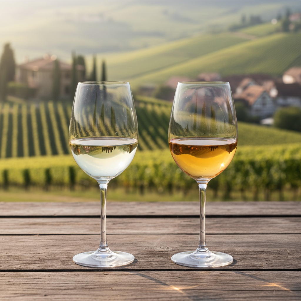 Duas taças de vinho, uma com Pinot Grigio claro e outra com Pinot Gris dourado, em uma mesa de madeira rústica com um vinhedo ensolarado ao fundo.