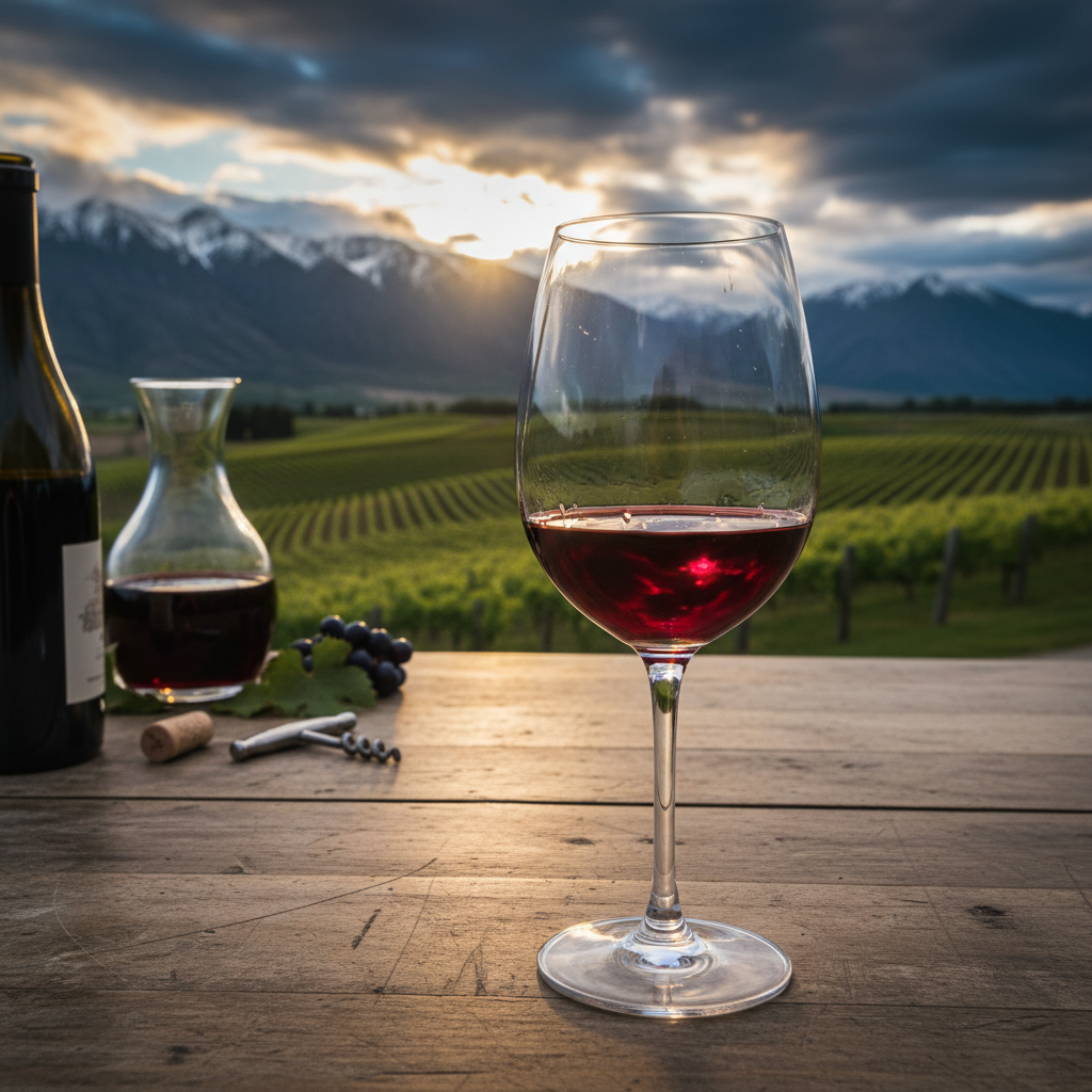 Taça de vinho tinto Pinot Noir de Central Otago sobre mesa de madeira com vinhedos e montanhas da Nova Zelândia ao fundo.