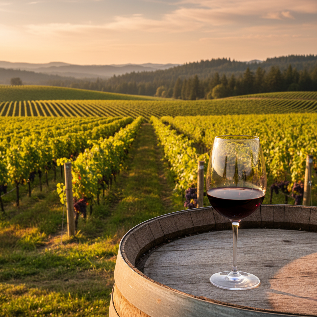 Taça de Pinot Noir de Oregon sobre um barril de carvalho, com um vinhedo exuberante no Vale do Willamette ao fundo, sob a luz dourada do entardecer.