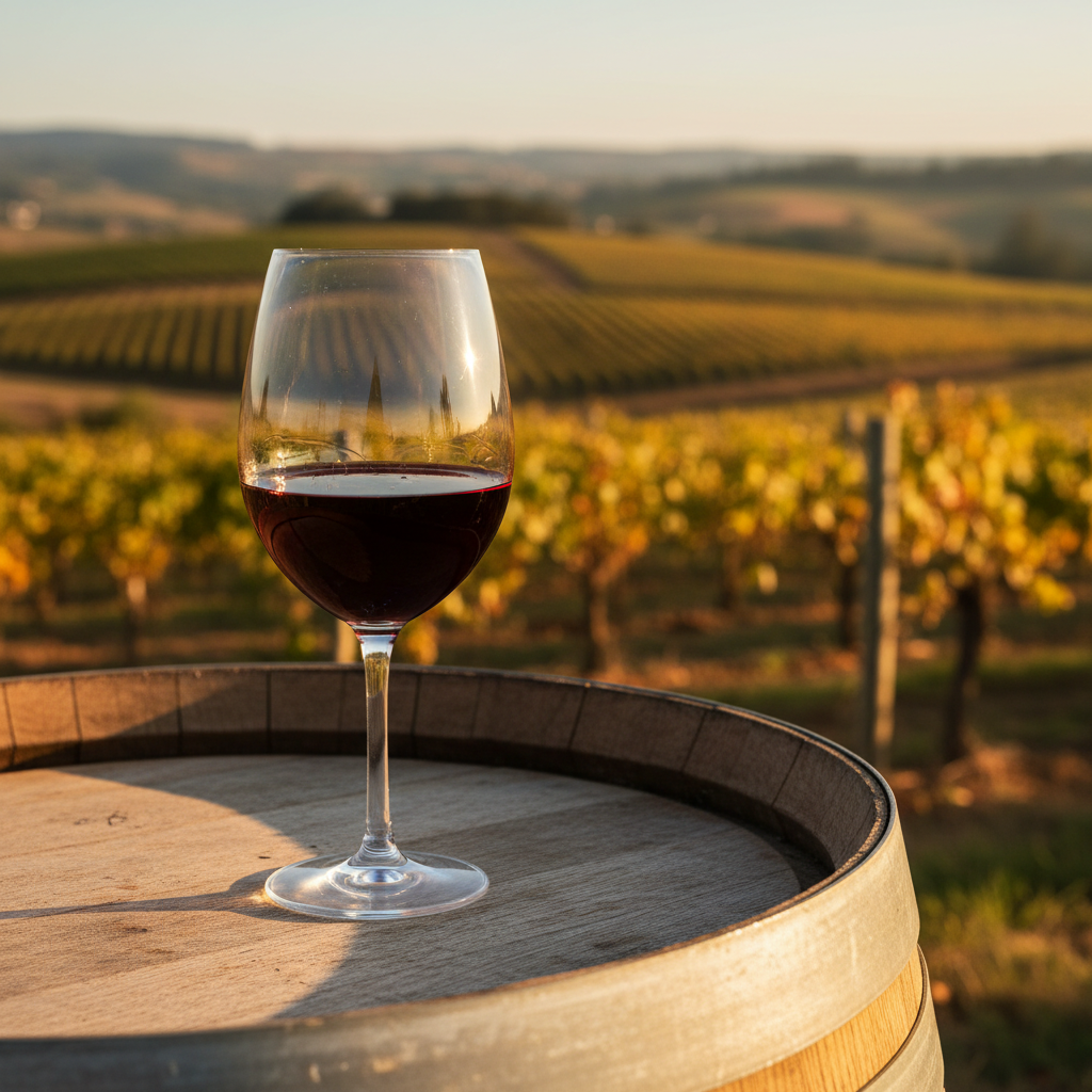 Taça de vinho Pinotage sobre um barril de carvalho em um vinhedo sul-africano ao pôr do sol.