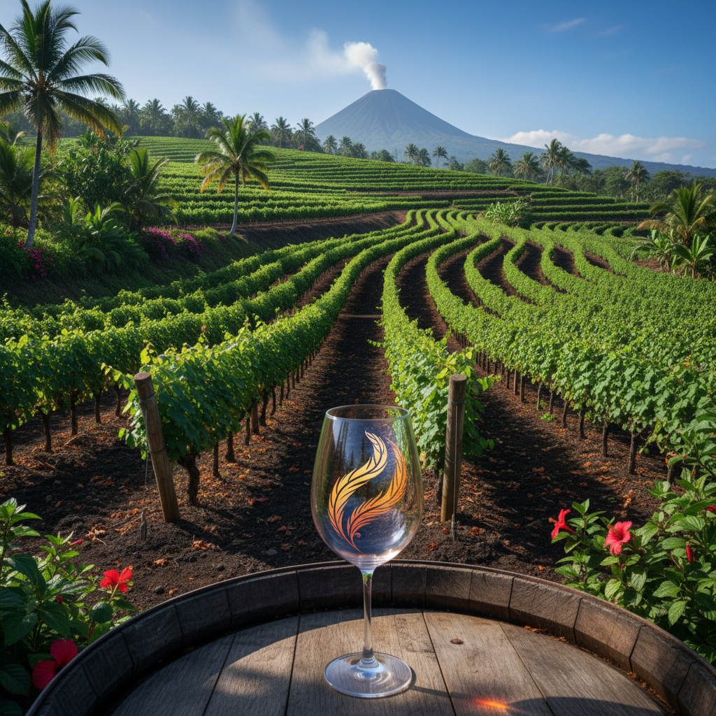 Vinhedo tropical exuberante em El Salvador, com solo vulcânico visível e um copo de vinho sobre um barril de madeira, simbolizando a inovação na viticultura local.