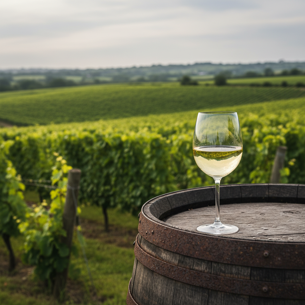 Vinhedo irlandês com colinas verdes e uma taça de vinho branco em um barril, simbolizando a inovação vitícola.