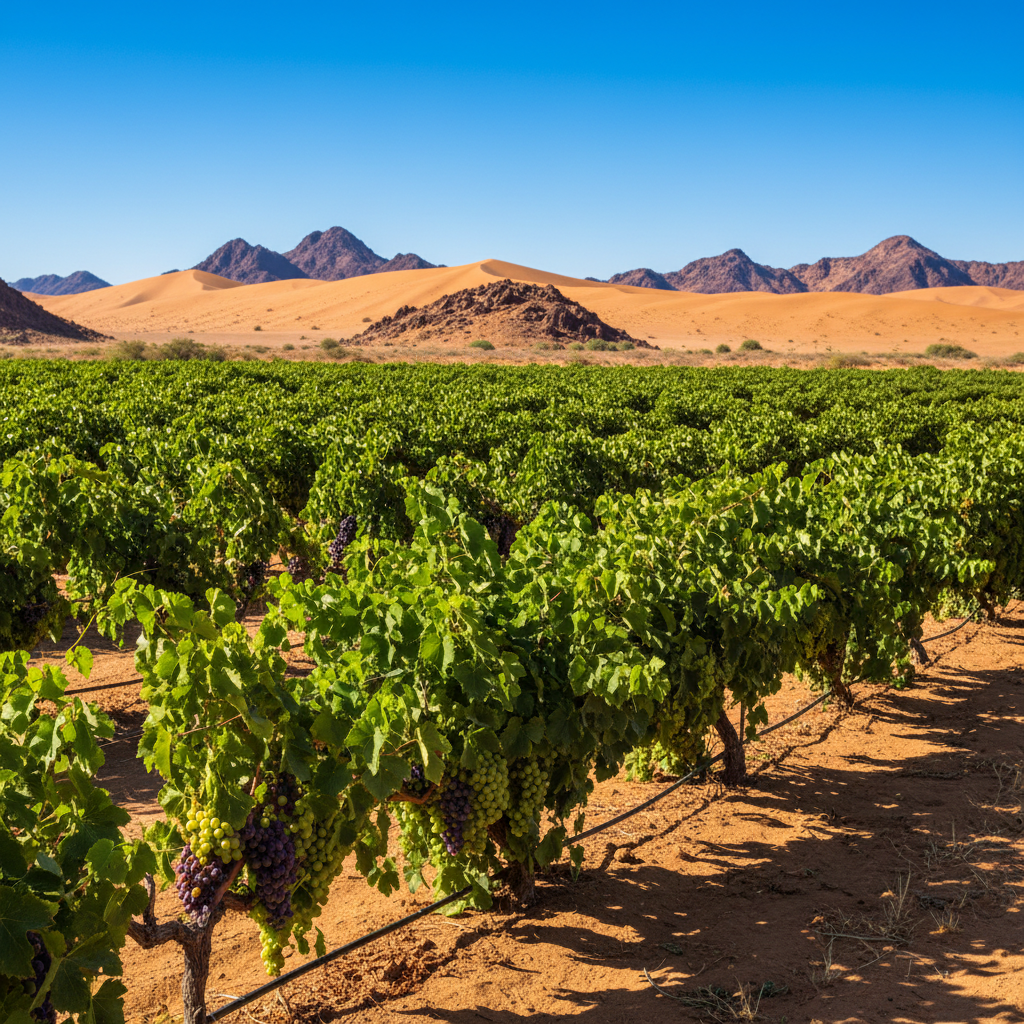 Vinhedo verdejante contrastando com o deserto da Namíbia, simbolizando a resiliência e inovação dos produtores de vinho locais.