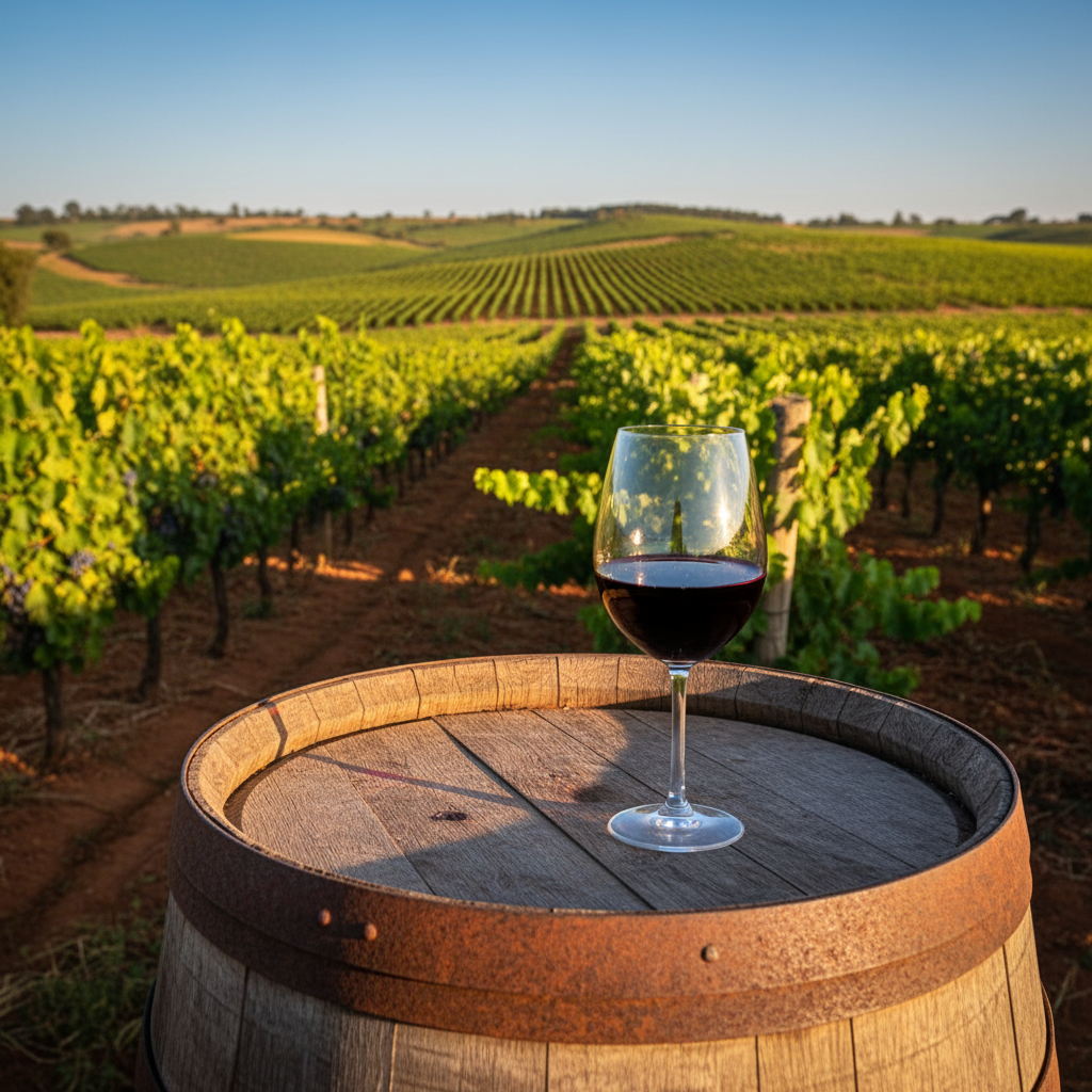Vinhedo exuberante no Zimbábue sob o sol, com um barril de madeira rústico e uma taça de vinho tinto, representando a viticultura pioneira da região.