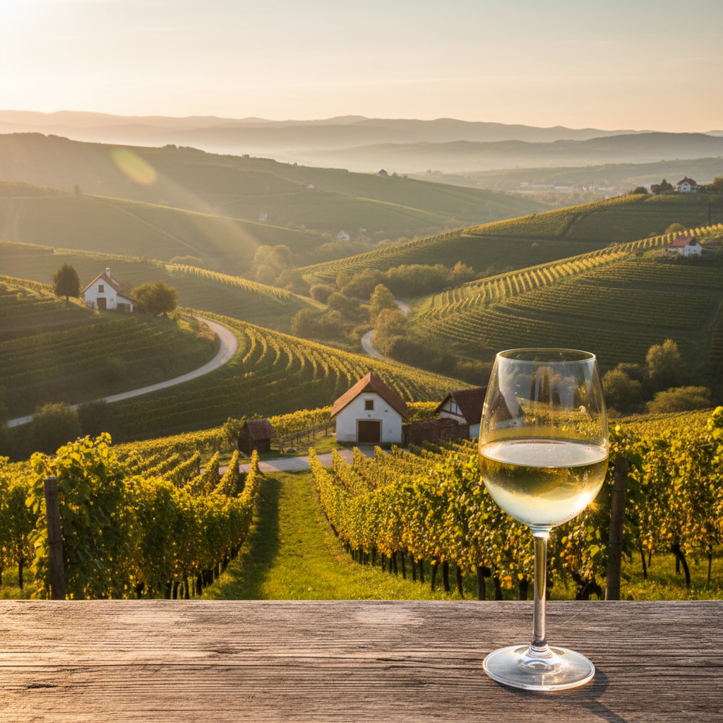 Vinhedos ondulantes da região de Podravje, Eslovênia, ao pôr do sol, com uma taça de vinho branco em primeiro plano e adegas tradicionais ao fundo.