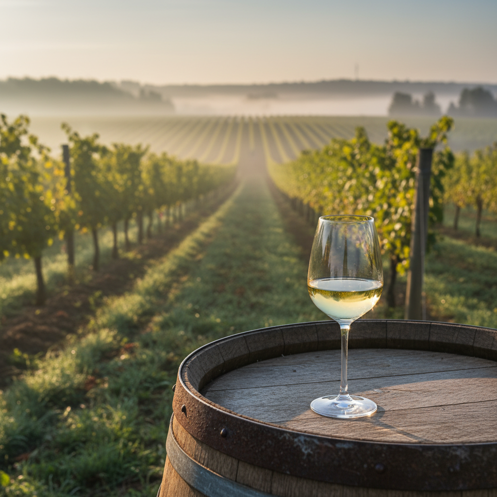 Vinhedo polonês ao amanhecer com uma taça de vinho branco em primeiro plano, simbolizando a emergência dos vinhos de qualidade da Polônia.