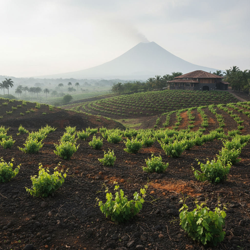 Vinhedo emergente em El Salvador com paisagem tropical e vulcânica ao fundo, simbolizando o pioneirismo na produção de vinho.
