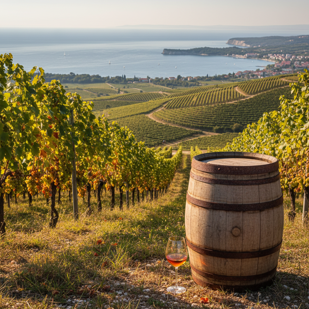 Vinhedo ensolarado na região de Primorska, Eslovênia, com vista para o Mar Adriático e um barril de vinho.