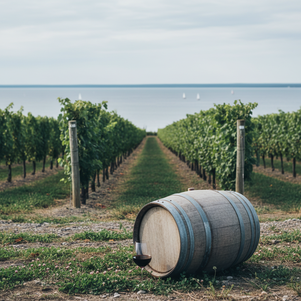 Vinhedo em Prince Edward County, Ontário, com um barril de vinho e uma taça, destacando o terroir único da região e a proximidade com o Lago Ontário.