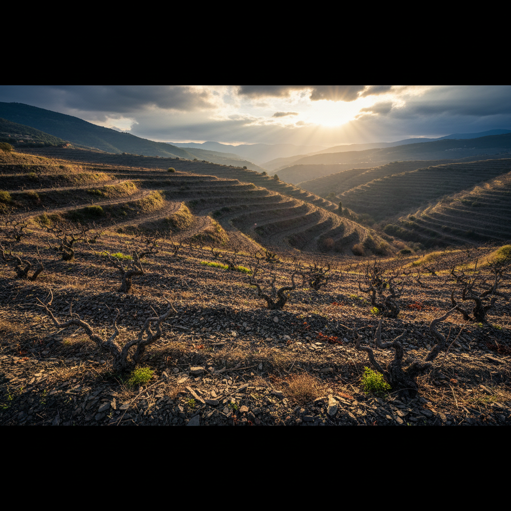 Vinhedos íngremes de Priorat, Catalunha, com solo de llicorella, sob um céu dramático e luz quente.