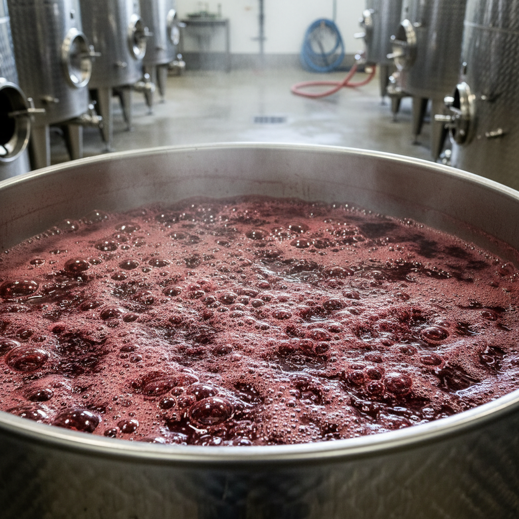Tanque de fermentação de vinho com mosto borbulhante e vapor suave, ilustrando o processo ativo de transformação da uva em vinho.