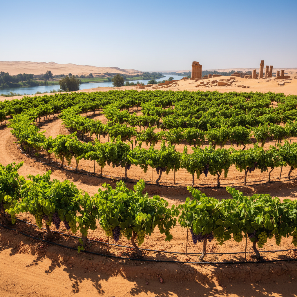 Vinhas verdes prosperando sob o sol intenso do deserto egípcio, com vestígios de arquitetura antiga ao fundo, destacando a produção de vinho local.