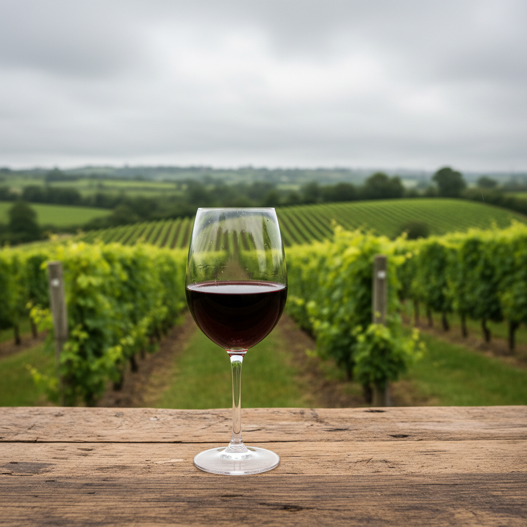 Taça de vinho tinto em uma mesa rústica com um vinhedo verdejante irlandês ao fundo sob um céu nublado.