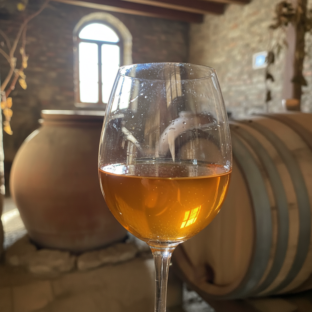 Vinho laranja em taça elegante, com ânfora e barril desfocados ao fundo em ambiente de adega tradicional.