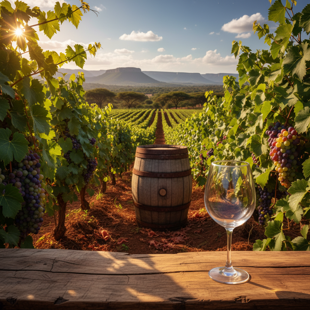 Vinhedo senegalês com barril de vinho e taça, sob o sol tropical, ilustrando a produção local.