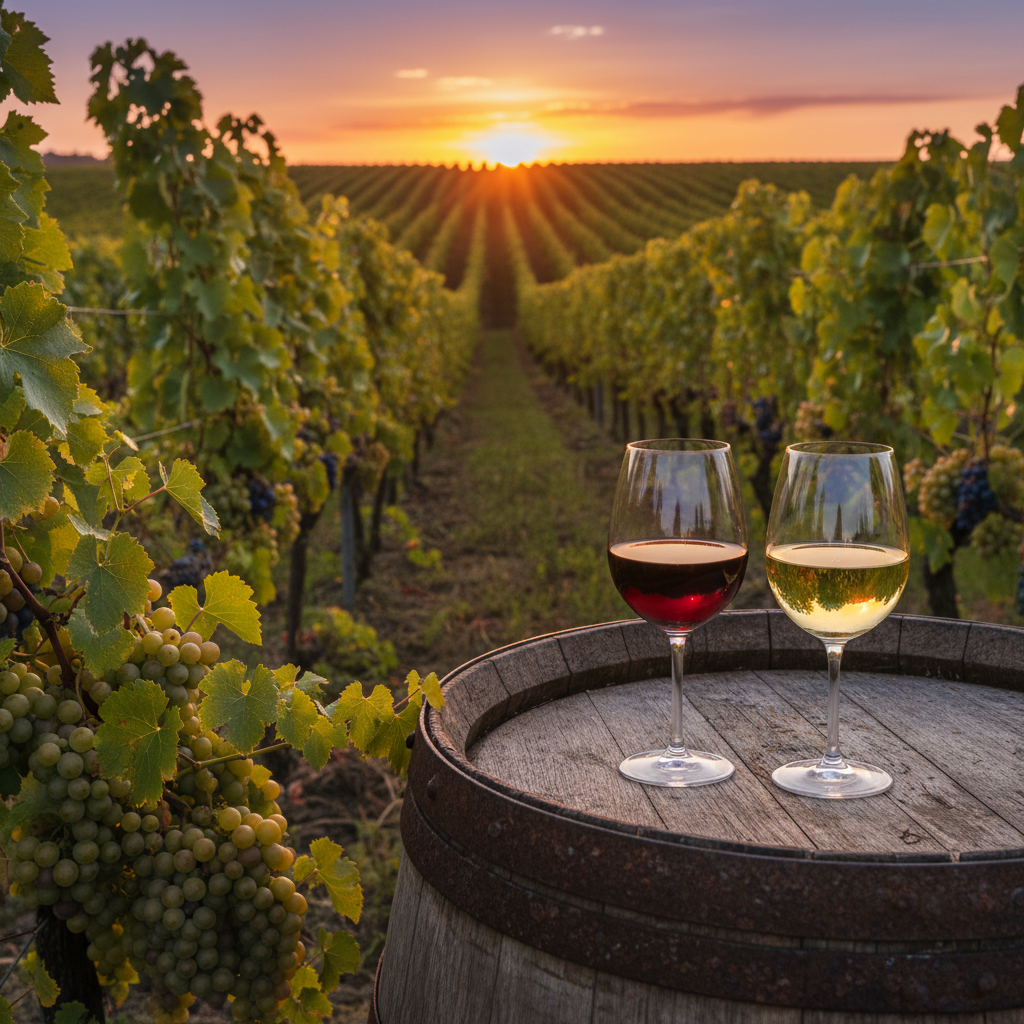 Duas taças de vinho, uma com tinto e outra com branco, sobre um barril de carvalho em um vinhedo sérvio ao pôr do sol, com fileiras de videiras ao fundo.