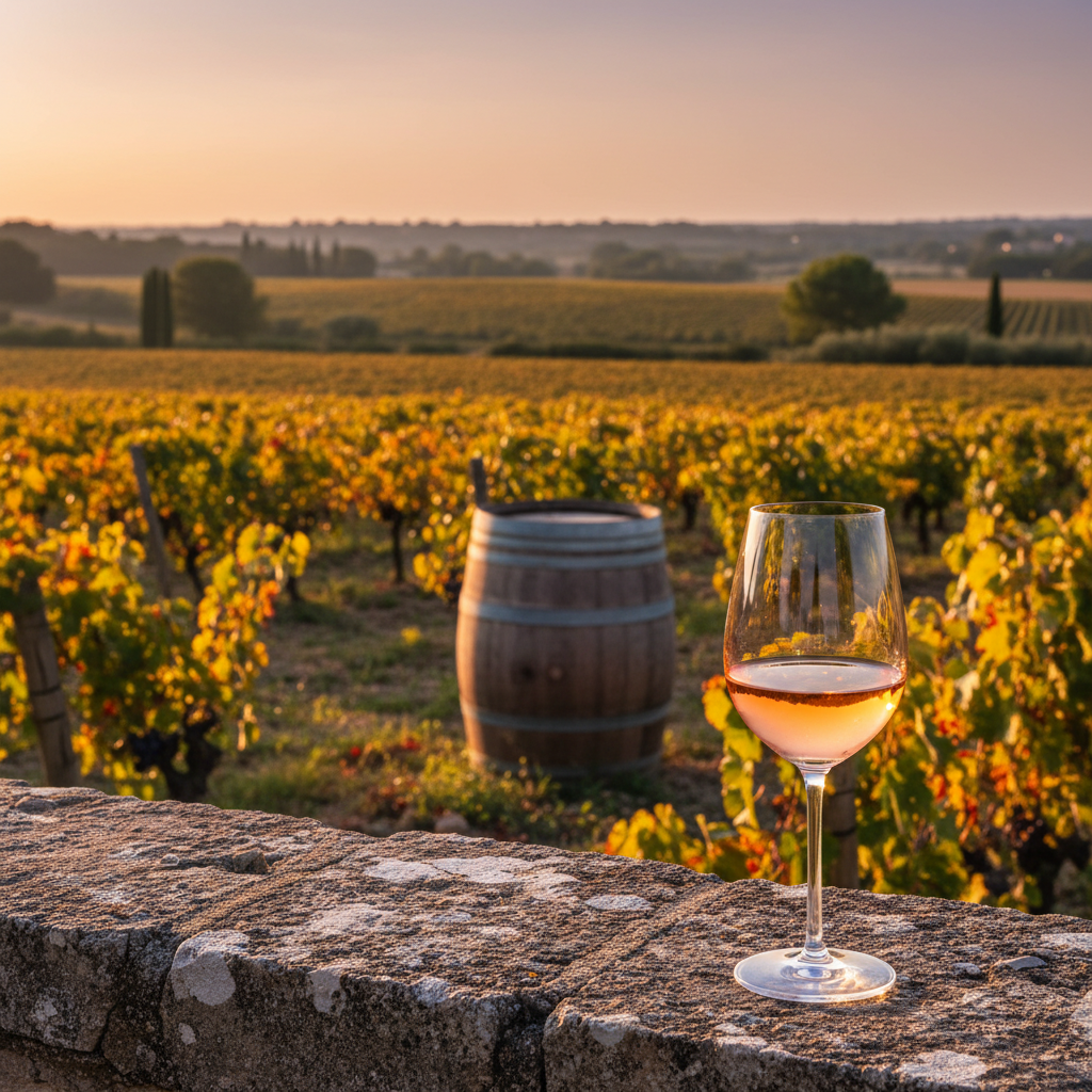 Taça de vinho rosé pálido em Provence, com vinhedos ensolarados ao fundo e barril de carvalho, sob luz dourada.