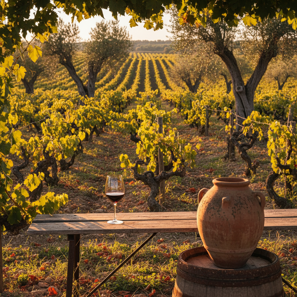 Vinhedo ensolarado na Puglia com taça de vinho tinto e barril rústico, evocando a beleza mediterrânea da região.